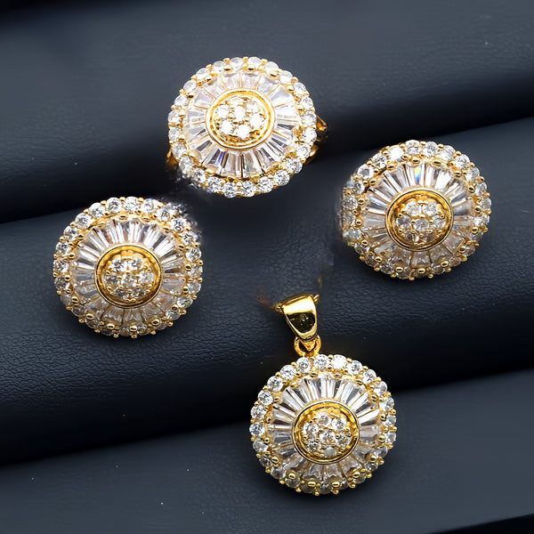 Set de cadena, dije, aretes y anillo geométrico con zirconias, estilo geometric luxury