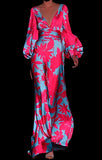 Maxi vestido de licra estampada, tablones en cintura ajustada, mangas holgadas, estilo “Santorini”